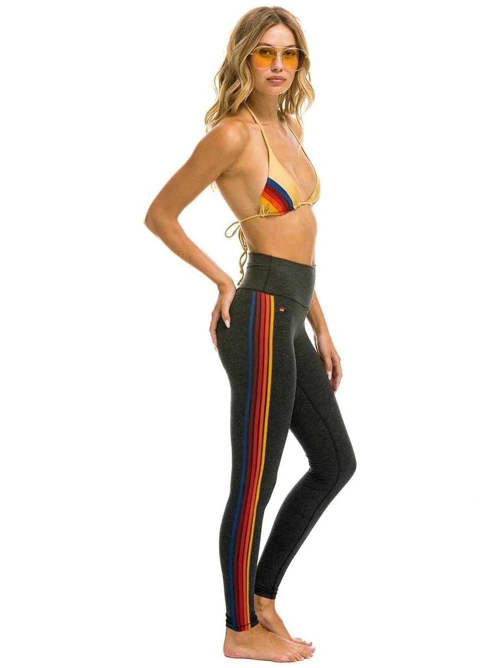 Aviator Nation Dark Gray High-Waist 5 Stripe Leggings Rainbow Stripe